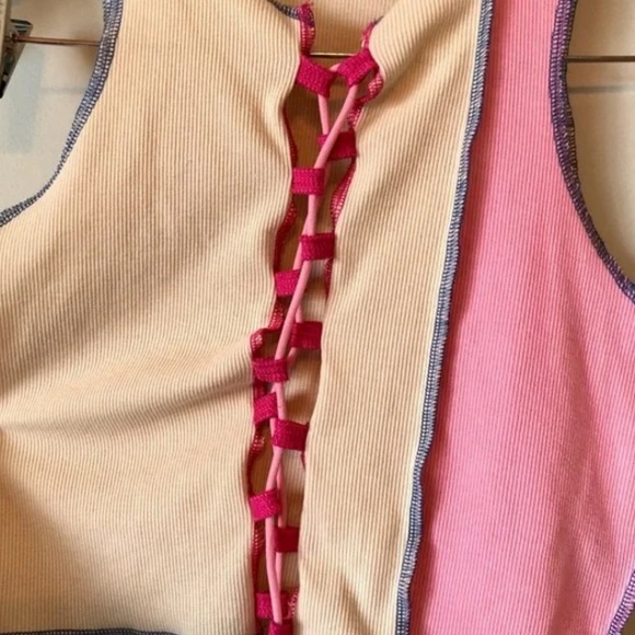 Shein Lace Tie Up Patchwork Cleavage Cropped Sleeveless Crop Tank Top Cream - Picture 5 of 11